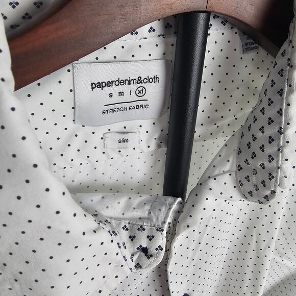 Paperdenim & Cloth Mens XL Slim Fit Stretch Button Shirt White Dot Print - Picture 2 of 3